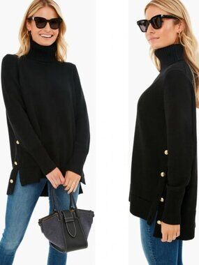 Tuckernuck Sophia Wool Turtleneck M Black Gold Button Side Sweater